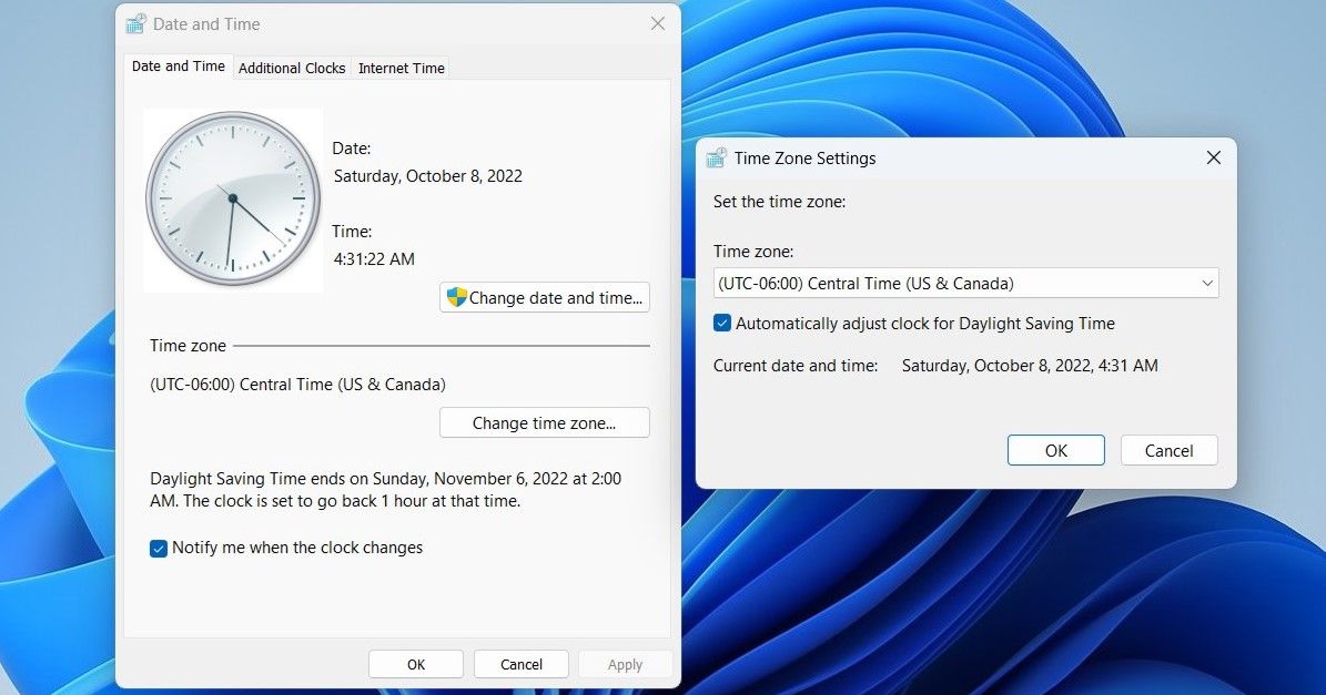 Date and Time and Time Zone Settings windows on Windows 11