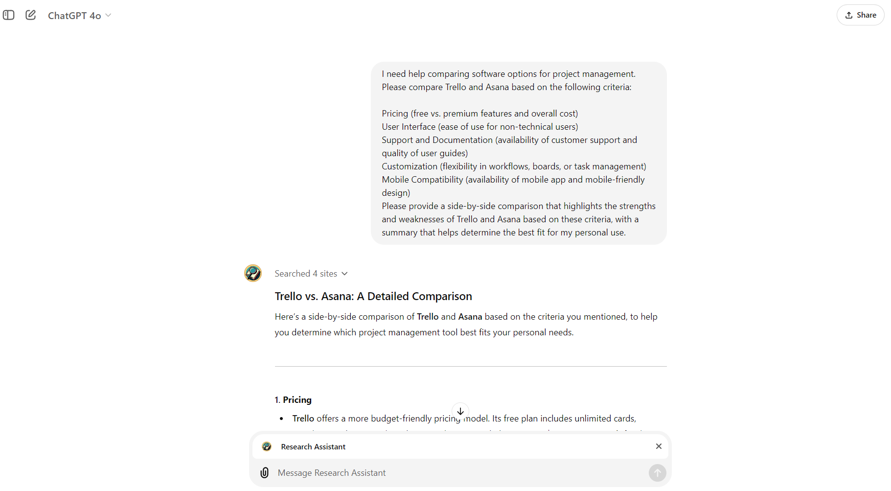 Results showing the research assistant prompt and results.