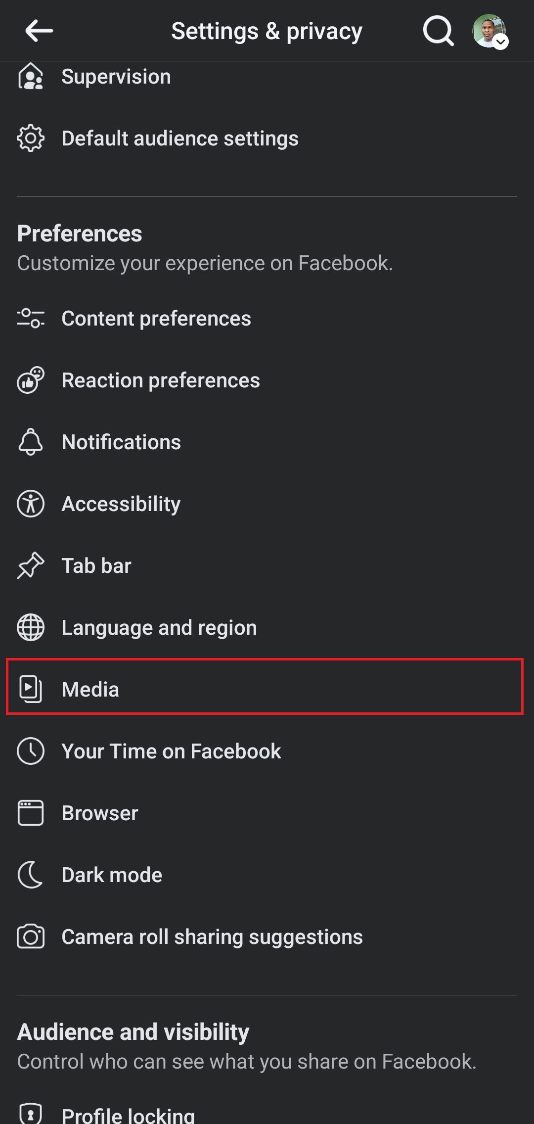 facebook mobile settings page with media highlighted