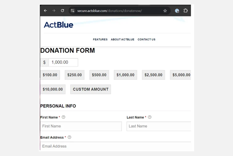 phishing site democrat donation election form