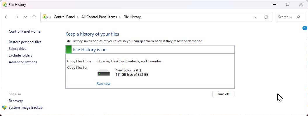 File History set to on Windows 11