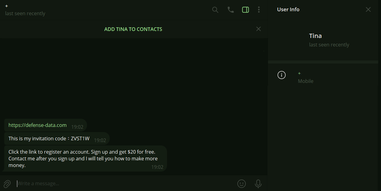 A "recruiter" uses Telegram to get a user to sign up on their website