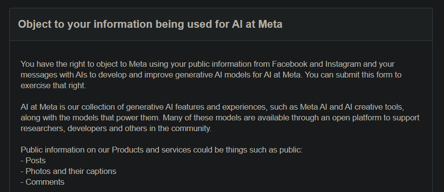 form to object to your information being used for meta ai training