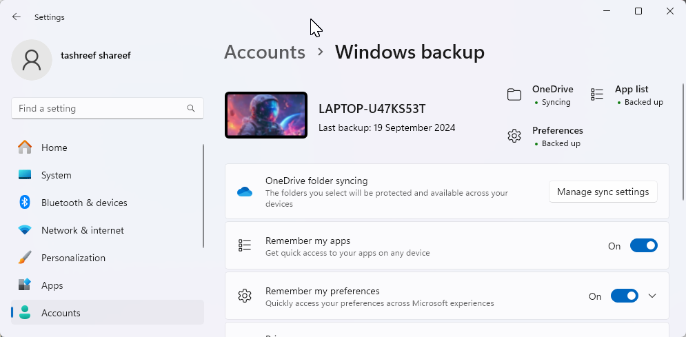 The Manage sync settings option in the Windows 11 Settings app