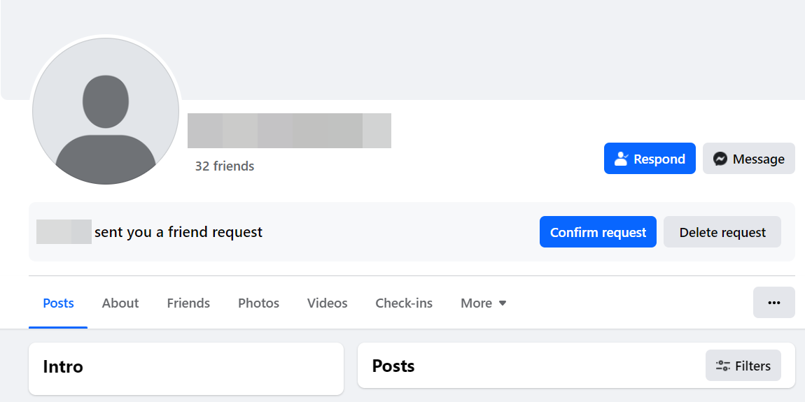 A friend request from a newly-created profile on Facebook.