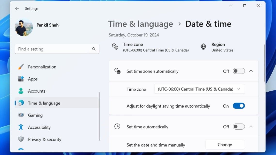 Date and Time Menu in Windows 11 Settings App