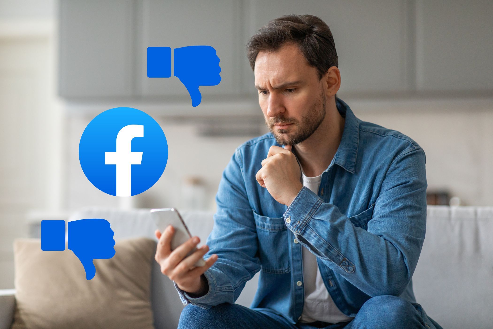 a man looking concerned while looking at a smartphone with facebook and thumbs down icons in the air