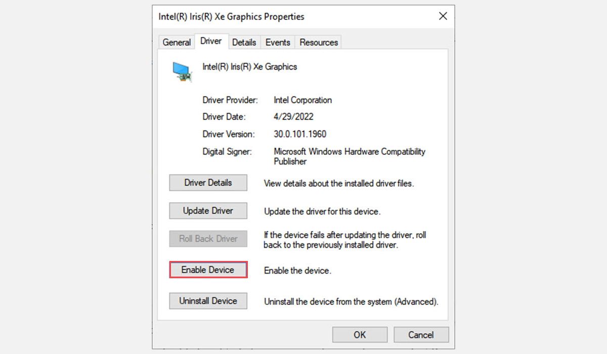 enable device driver Graphics Properties window