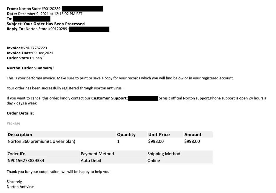 Norton Scam Email Showing a Receipt of Subscription Renewal