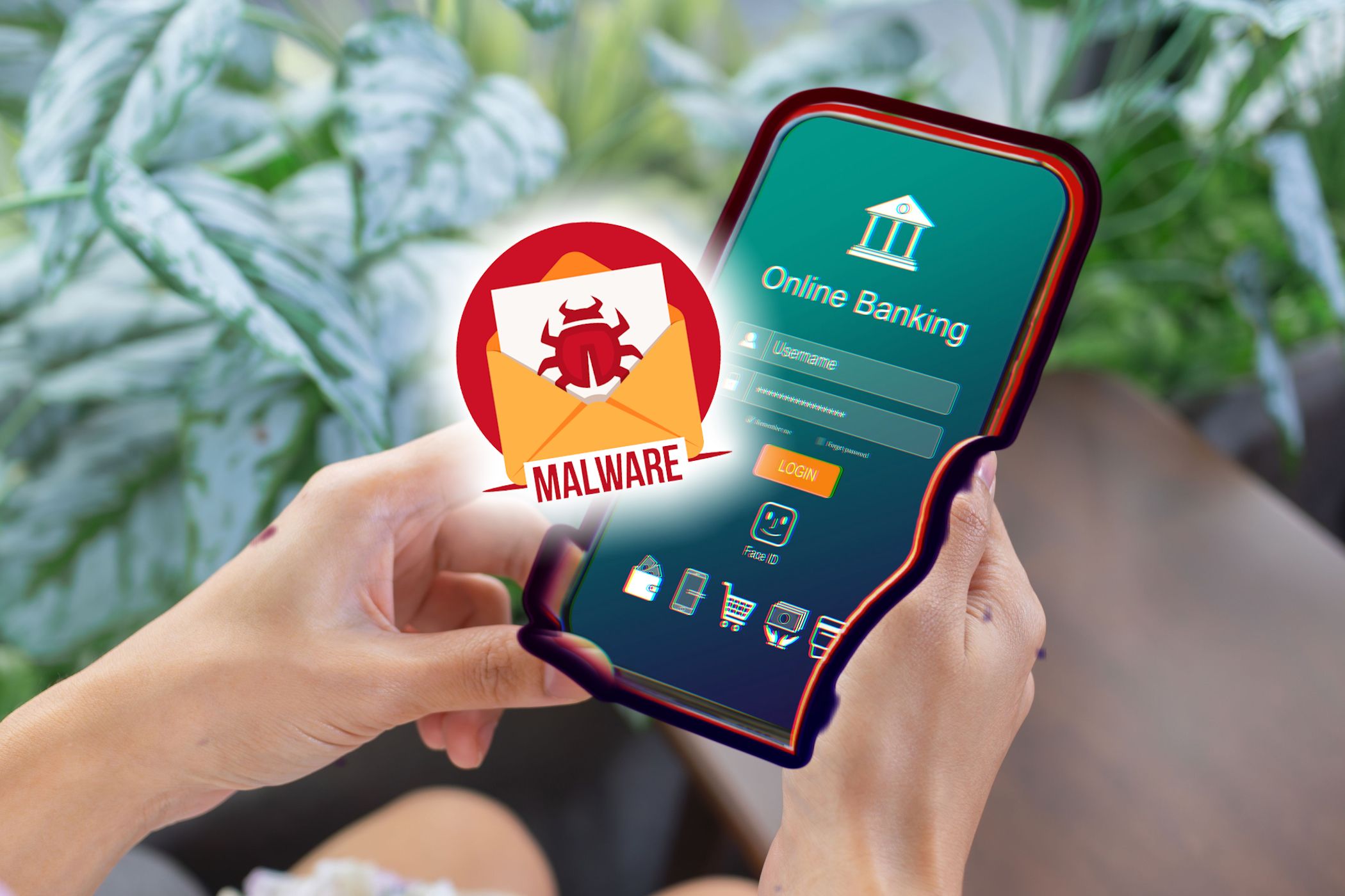 online banking on smartphone with malware sign